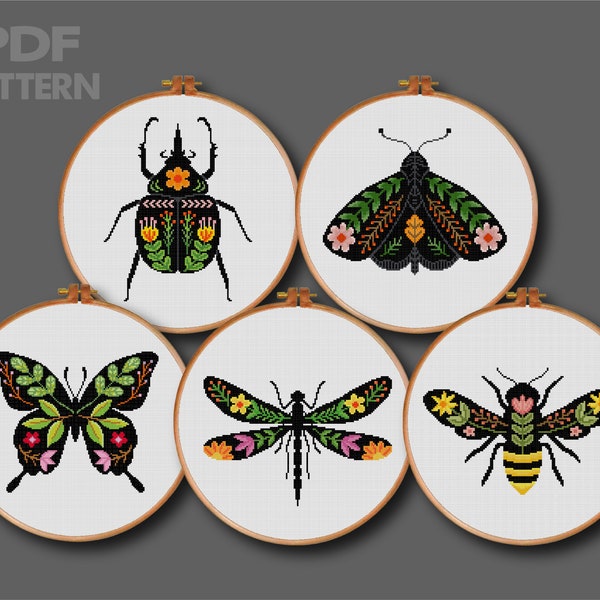 Flower Insects Cross Stitch Set Flower Moth Cross Stitch Stag Beetle Cross Stitch Bee Cross Stitch Butterfly Cross stitch Pattern PDF