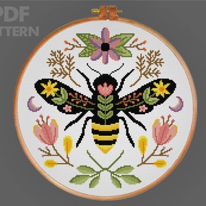 Flower Bee Cross Stitch Bumblebee Cross Stitch Pattern Insect Floral Cross Stitch PDF Pattern Instant Download