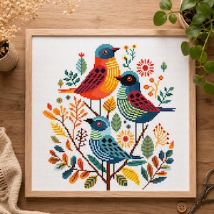 Birds Cross Stitch Pattern Floral Bird Cross Stitch Bird and Leaves Cross Stitch PDF Pattern Instant Download