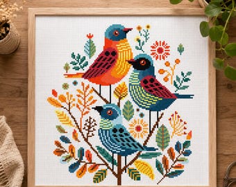 Birds Cross Stitch Pattern Floral Bird Cross Stitch Bird and Leaves Cross Stitch PDF Pattern Instant Download