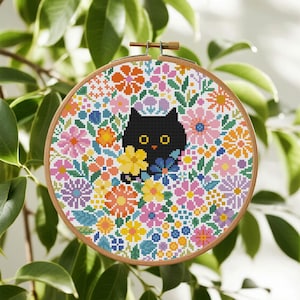 Patrón de punto de cruz de gato con flores Patrón de punto de cruz de gato floral Regalo para amantes de los gatos Punto de cruz Descarga instantánea en PDF