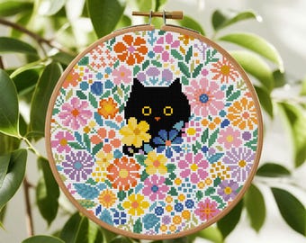 花柄猫のクロスステッチパターン - 森の刺繍（PDFパターン） - Etsy 日本
