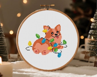 Corgi de Noël au point de croix Chien et ampoule au point de croix Chien de Noël au point de croix PDF Téléchargement instantané