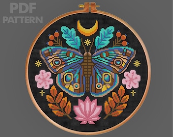 Moth Cross Stitch Insect Cross Stitch Pattern Flower Moth Cross Stitch PDF Pattern Instant Download