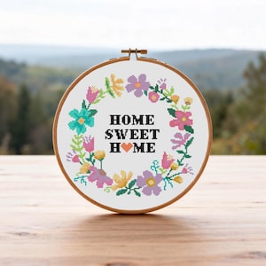 Home Sweet Home Kreuzstichmuster Blumenkranz Kreuzstichmuster Wohnkultur Kreuzstichmuster PDF Muster Instant Download
