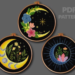 Luna Flower Set Cross Stitch Pattern Moon Flower Cross Stitch Moon Phases Cross Stitch PDF Pattern Instant Download