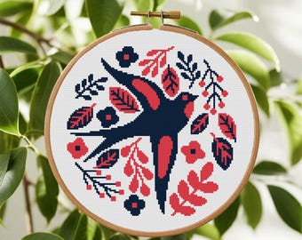Swallow Cross Stitch , Floral Bird Cross Stitch PDF Pattern Instant Download