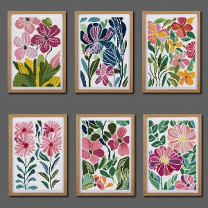 Set of 6 Modern Flowers Cross Stitch Pattern Boho Flower Cross Stitch Pattern Abstract Flower Cross Stitch PDF Pattern Instant Download