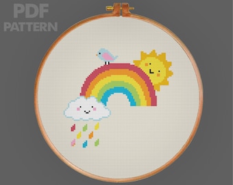 Rainbow Cross Stitch Pattern Cloud And Sun Cross Stitch Colorful Rain Cross Stitch PDF Pattern Instant Download