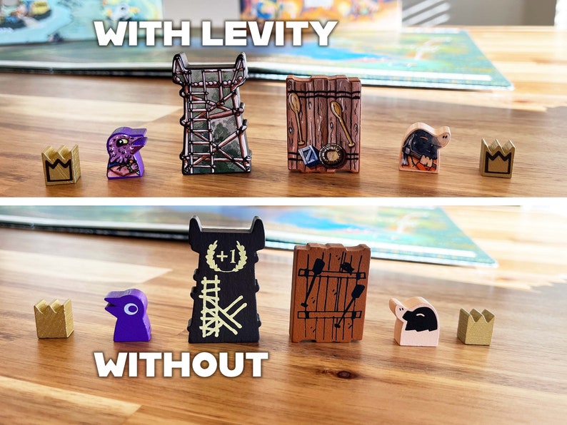 May include: Two rows of game pieces, showing the difference between playing with and without a specific ability. The top row shows a purple bird, a wooden tower, a wooden door, a brown pig, and a gold crown. The bottom row shows a gold crown, a purple bird, a black tower with a +1 symbol, a wooden door, and a white pig.