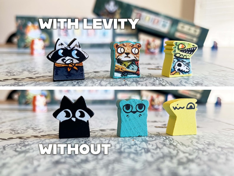 May include: A comparison of game pieces with and without the "Levity" ability. The top row shows three game pieces with the ability, while the bottom row shows the same pieces without the ability. The pieces are made of wood and painted with various colors and designs.