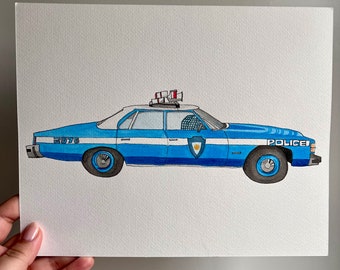 Vintage Blue NYPD Police Car NYC ORIGINAL Watercolor, 8x10