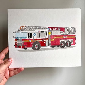 May include: Watercolor painting of a red and white fire truck with a ladder. The truck has the text "Ladder 102" and "FDNY" on it. The painting is on a white background.
