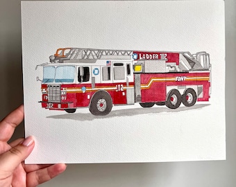 Red Firetruck NYC ORIGINAL Watercolor, 8x10
