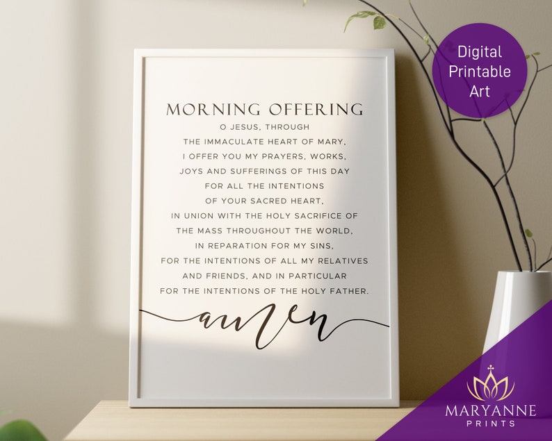 Morning Offering Prayer, O Jesus through the Immaculate Heart of Mary, Catholic Prayer, Catholic Wall Art, Catholic Printable Gift
