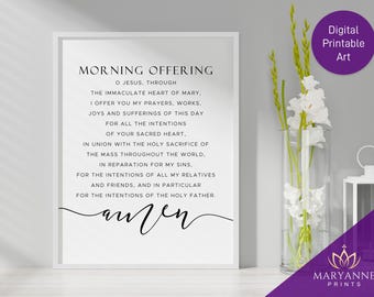 Morning Offering Prayer, O Jesus through the Immaculate Heart of Mary, Catholic Prayer, Catholic Wall Art, Catholic Printable Gift