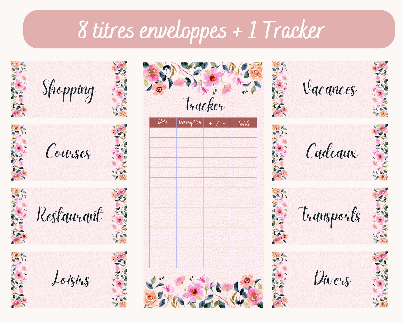 8 titres enveloppes budget A6 + 1 tracker dépenses à imprimer, thème