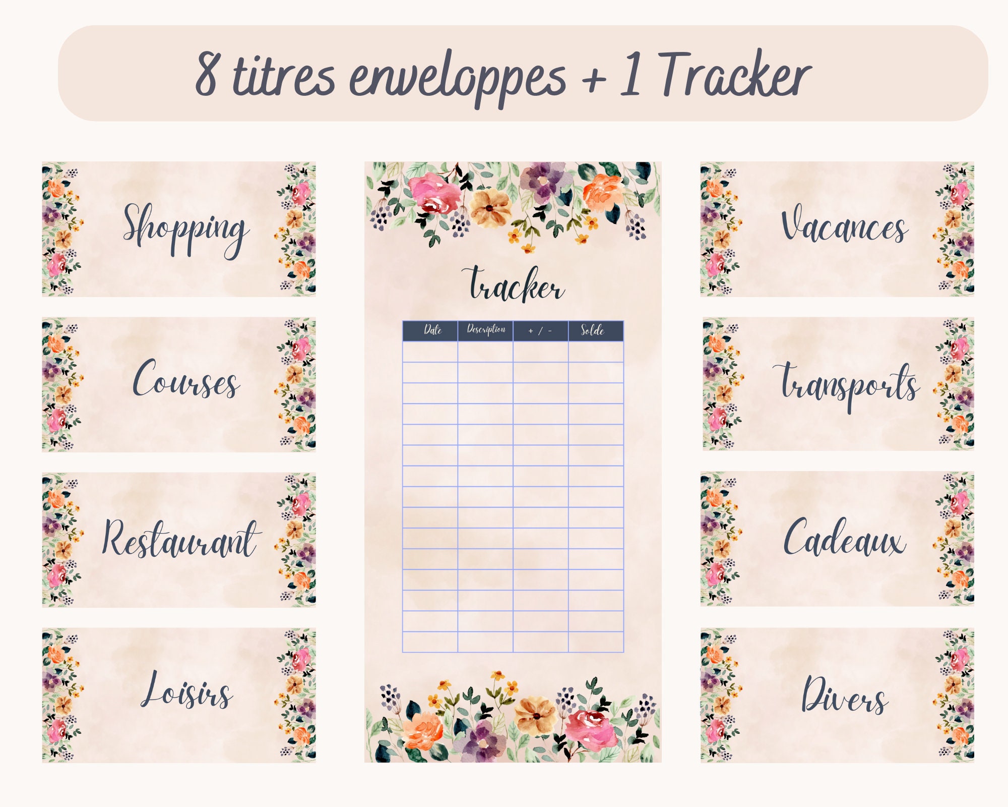 8 titres enveloppes budget A6 1 tracker dépenses à imprimer, thème fleuri  watercolor, étiquettes enveloppes,classeur budget -  France