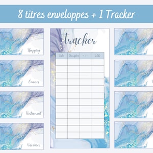 8 A6 budget envelope titles + 1 printable expense tracker, aesthetic blue marble theme, envelope labels, budget binder