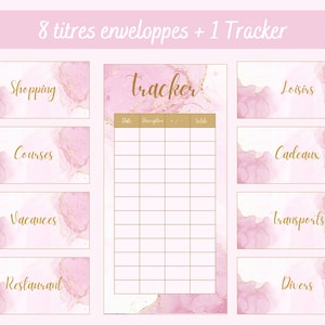 8 A6 budget envelope titles + 1 printable expense tracker, aesthetic pink marble theme, envelope labels, budget binder