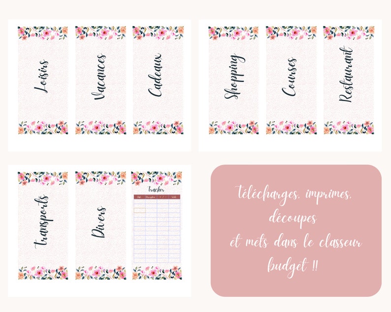 8 titres enveloppes budget A6 + 1 tracker dépenses à imprimer, thème