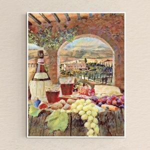 Winery Vineyard Landscape with Food and Wine ~ 11" x 14" Italian Illustration Art Print ~ Grapes, Cheese, and Scenic Country View