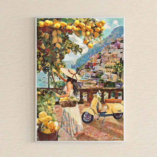 Lemon Tree Amalfi Coast Italian Art Print ~ Illustration Depicting a Woman Picking Lemons in Southern Italy