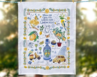 Italian Lemon Tea Towel ~ Limoncello Amalfi Coast Illustrated Multi-Purpose Home Kitchen Dish Cloth, 100% Cotton, 19" x 23"