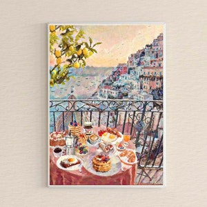 Breakfast View of Amalfi Coast, Positano ~ Italian Art Print ~ Lemons, Architecture, Food, Nutella, Waffles, Coffee, Pastries