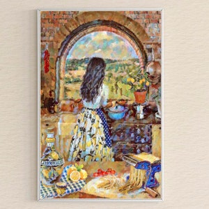 Woman Cooking in Italian Rustic Kitchen with Country View ~ 11" x 17" Art Print ~ Illustration with Pasta Machine and Limoncello