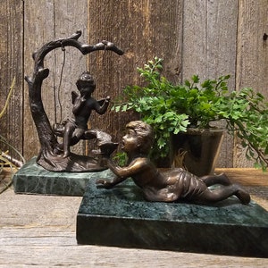 Vintage French Bronze  Boy with Bird and fairy on swing sculpture green marble Auguste Moreau Cupid detail, marble, brass decor, mothers day