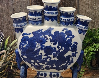 Candelabra Candle Holder Chinese Blue & White Porcelain 5 Clawed Dragon-Flower Vase- Deco Ring Sides,colbalt blue,Chinese decor,Japan vase,