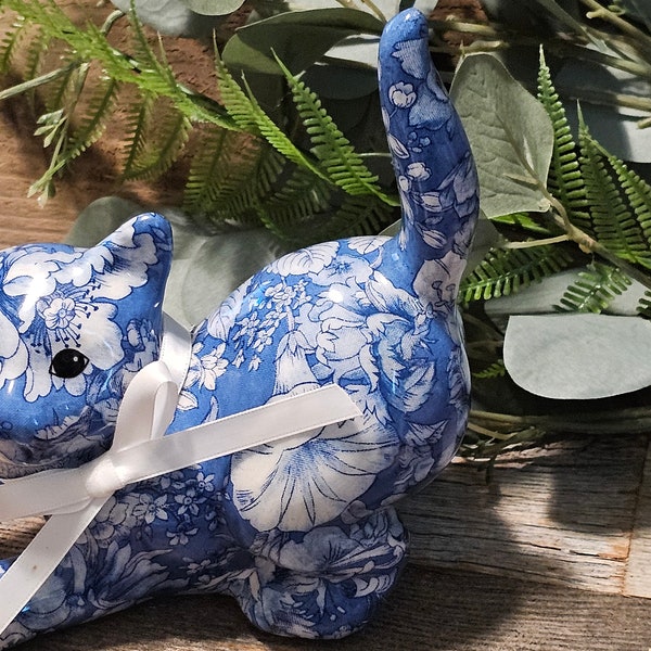 Vintage Porcelain Patchworks Cat From Joan Baker Designs Floral Blue And White Playful Kitty Cat,mothers day gift