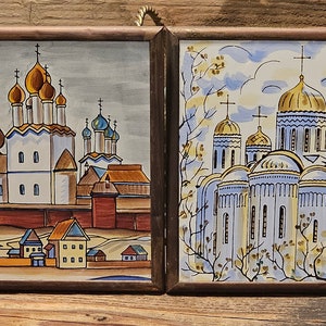 2 Vintage Russian Folk Art Brass Framed Hand Painted Tile, Opexobo, 1982