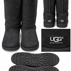 May include: A pair of black mid-calf boots with a soft interior lining. The boots feature a black suede exterior, a flat rubber sole with a textured tread pattern, and a black rectangular patch on the heel displaying the UGG Australia logo.