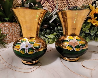 Vintage set of 2 Czech Bohemian hand painted glass vase green