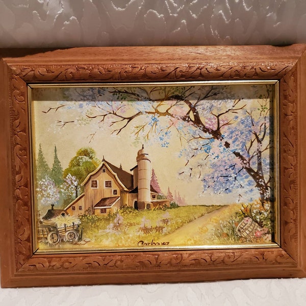 Vintage painting of a countryside barn. Watercolor in etched wood frame farmhouse decor country decor.