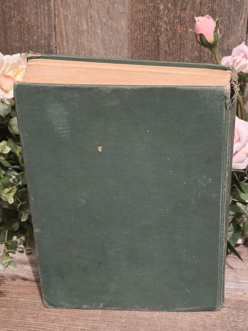Op de afbeelding: Een vintage boek met een donkergroene kaft en vergeelde pagina's. De kaft van het boek vertoont tekenen van slijtage, met een enigszins versleten uiterlijk. Roze rozen en groen zijn zichtbaar op de achtergrond, wat wijst op een rustiek of antiek thema.