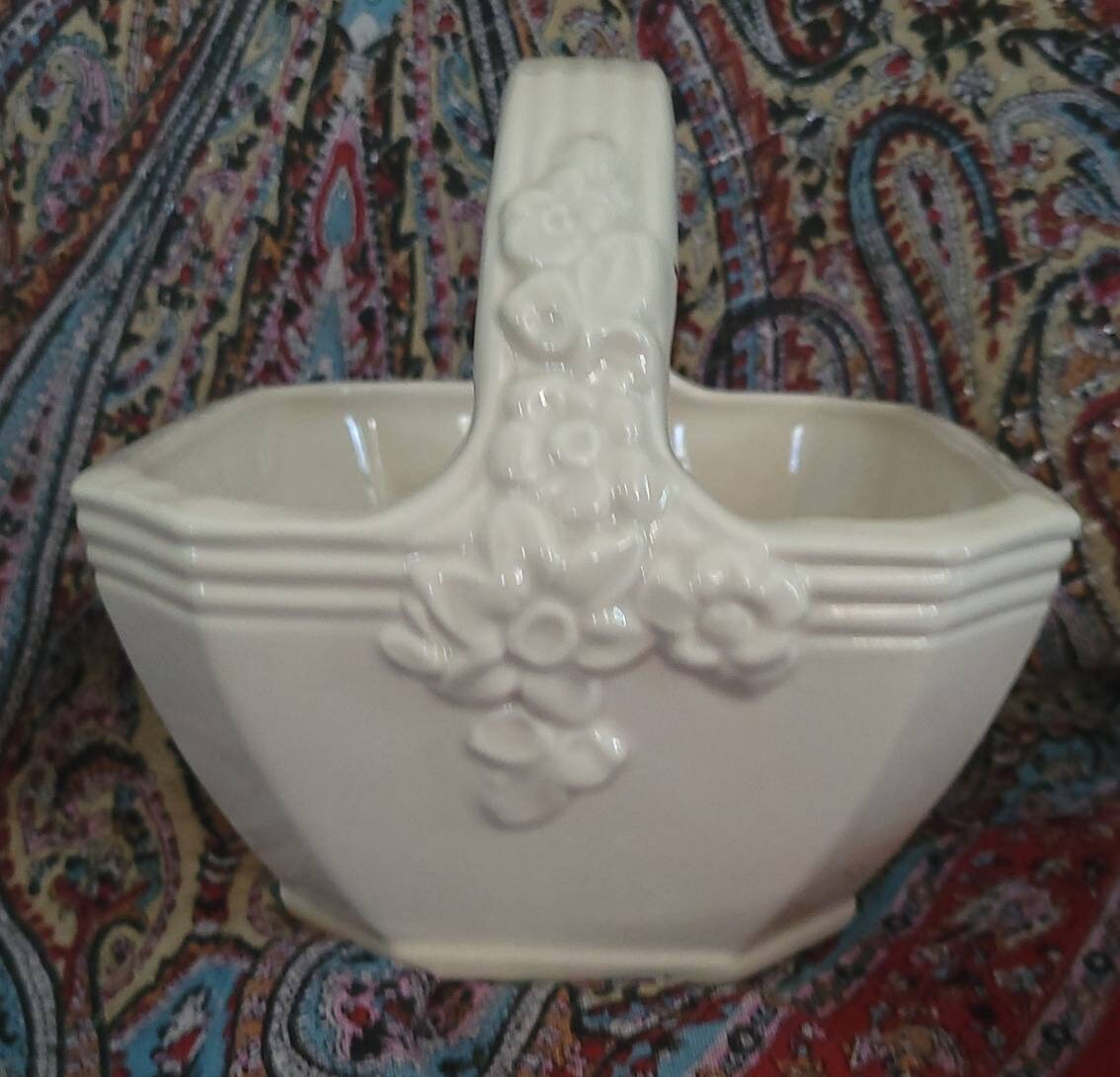 Cream ceramic basket with flowers. Etsy
