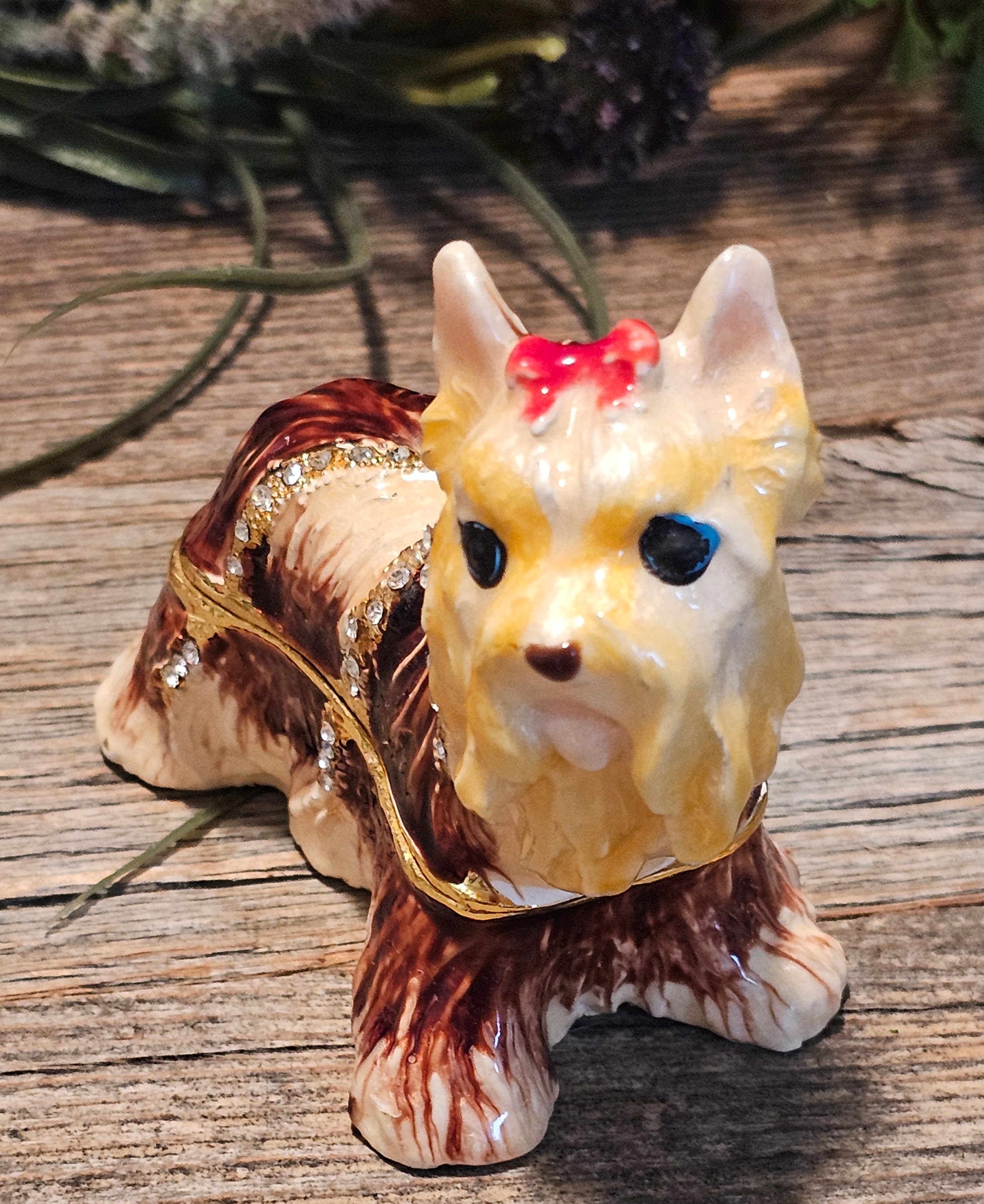 Golden Dog Terrier Vintage Enamel Trinket Jewelry Box With Rhinestones Etsy Canada