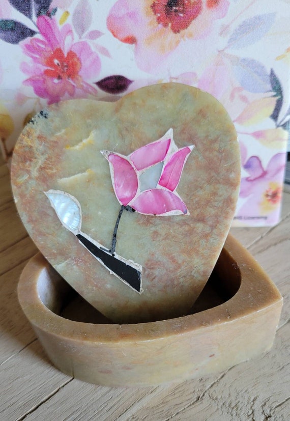 Vintage Marble Stone Heart Trinket Box Mother of … - image 2