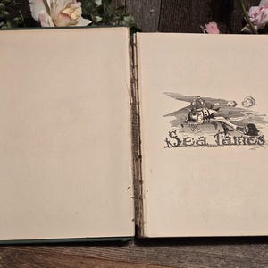Op de afbeelding: Een open vintage boek met verouderde, cr&egrave;mekleurige pagina's. De rechterpagina bevat een zwart-wit illustratie van een visachtig wezen met de tekst "Sea Fairies" eronder. De rug van het boek is zichtbaar en de kaft is donkergroen.
