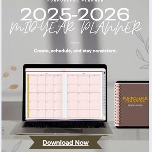 Purposeful Digital Fillable Mid-Year 2025-2026 Planner | Weekly and Daily Pages | PDF Journal | Simple Solid Cover Design