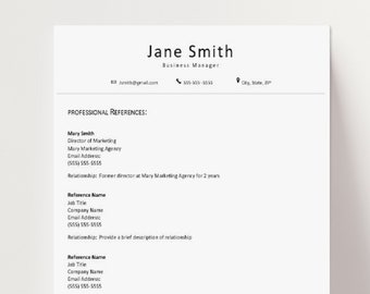 Clean and Professional References Template- Easy to Customize, Instant Download, MS Word, Contact List, Resume