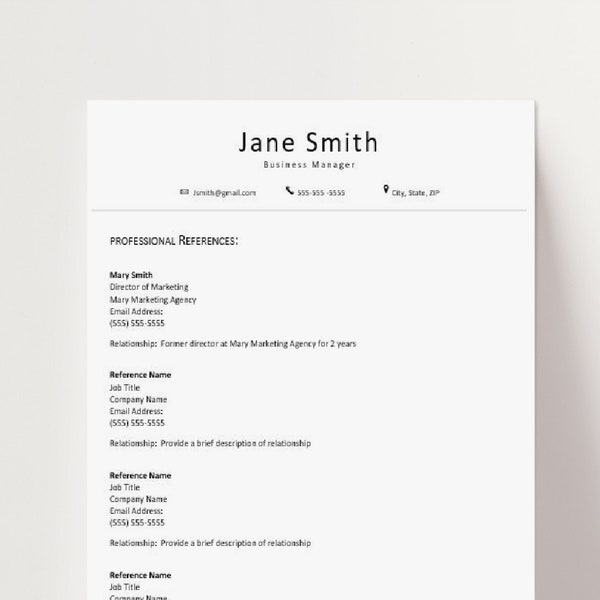 Clean and Professional References Template- Easy to Customize, Instant Download, MS Word, Contact List, Resume