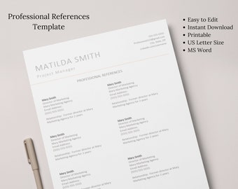 Clean and Professional References Template- Easy to Customize, Instant Download, MS Word, Contact List, Resume, Professional Reference List