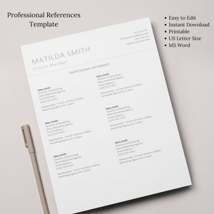 Clean and Professional References Template- Easy to Customize, Instant Download, MS Word, Contact List, Resume, Professional Reference List