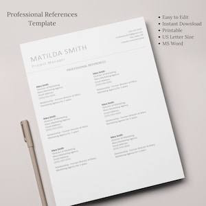 Clean and Professional References Template- Easy to Customize, Instant Download, MS Word, Contact List, Resume, Professional Reference List