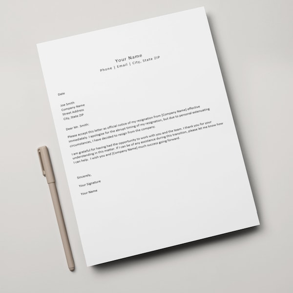 Immediate Resignation Letter Template, Resignation Letter, Resignation, Professional Resignation Letter Template, Separation Letter