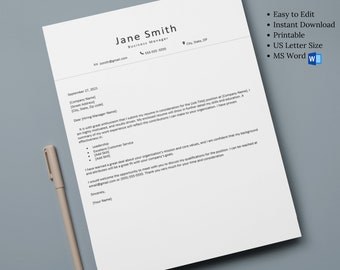 Professional Cover Letter Template- Digital Download, MS Word, Easy to Customize
